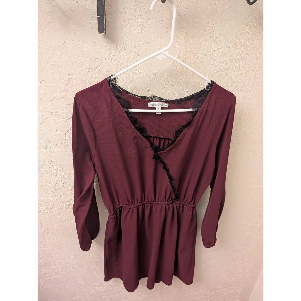 Moa Moa Womens Burgundy Lace Trim V-Neck Long Sleeve Elastic Waist Blouse M